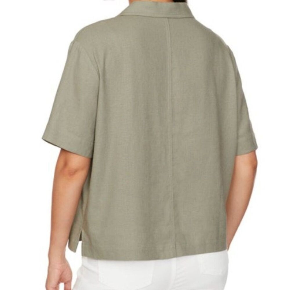 BUFFALO DAVID BITTON Linen Blend Button Front Blouse XL 16 Olive Green Shirt NWT - Picture 2 of 10